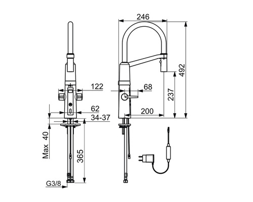 Teknisk ritning av en köksblandare med mått
