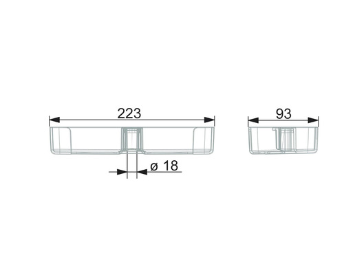 Teknisk ritning av en insatslåda med måtten 223, 93 och en diameter på 18.