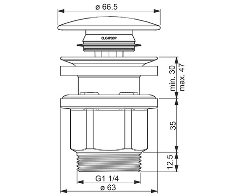 Teknisk ritning av en avloppsventil med måtten diameter 66,5, minimum 30, maximum 47, 35, 12,5, G1 1/4 och diameter 63.