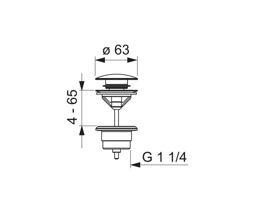 Teknisk ritning av en avloppsventil med måtten 63 millimeter diameter och 4 till 65 millimeter höjd