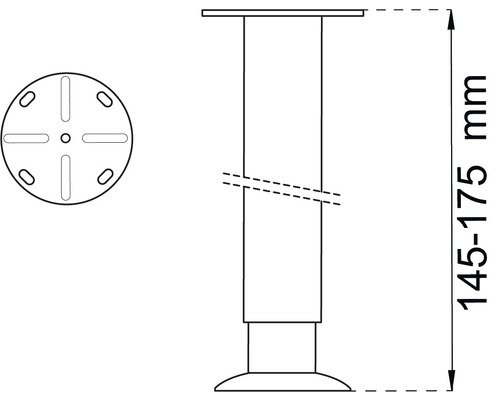 Teknisk ritning av ett justerbart möbelfäste med en höjd på 145 till 175 millimeter.