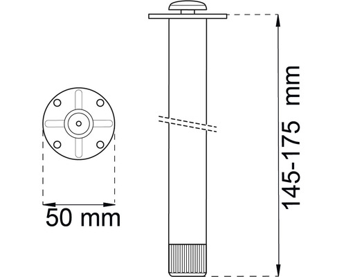 Teknisk ritning av ett möbelben med måtten 50 mm diameter och 145 till 175 mm höjd