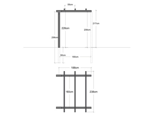 Teknisk ritning av en pergola med mått