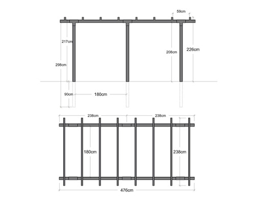 Teknisk ritning av en pergola med mått