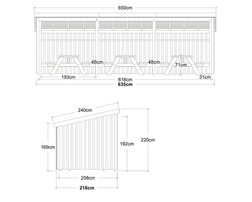 Teknisk ritning av en trädgårdskonstruktion i trä med bänkar och mått.