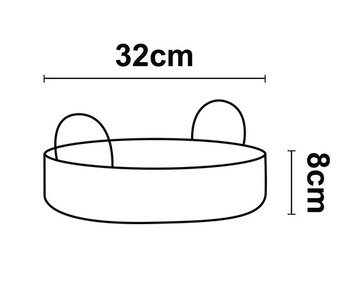 Teknisk ritning av en rund förvaringslåda med handtag och måtten 32 centimeter och 8 centimeter.
