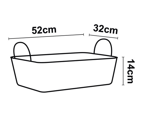 Bild av en behållare som mäter 52 cm lång, 32 cm bred och 14 cm hög.