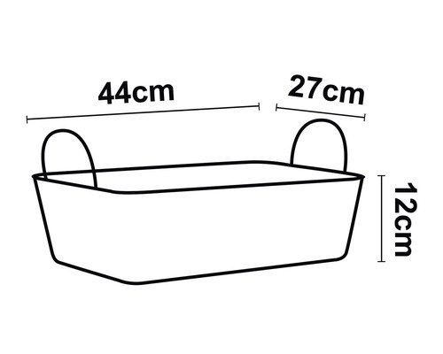 Bild av ett rektangulärt badkar med handtag och måtten: 44 cm längd, 27 cm bredd och 12 cm höjd.