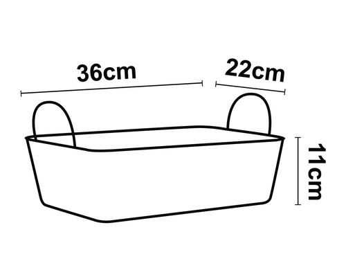 Bild av en förvaringslåda med måtten 36 cm längd, 22 cm bredd och 11 cm höjd.