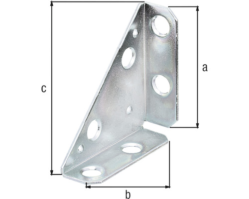 Vinkelbeslag med hål och måtten a, b, c