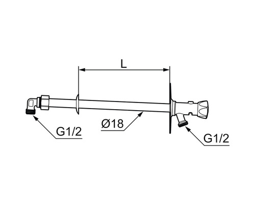 Teknisk ritning av en vinkelregleringsventil med måtten G 1/2 och en diameter på 18 mm