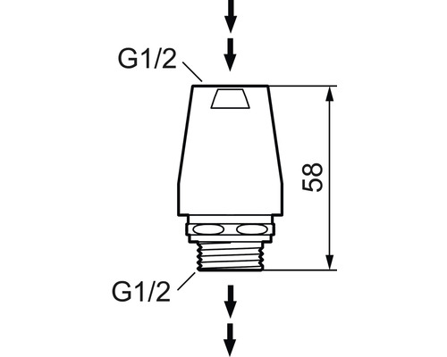 Teknisk ritning av en apparatur med 1/2-tums anslutning och en höjd på 58 millimeter.