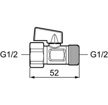 Schematisk ritning av vinkelventil med G1/2-tumsanslutning och 52 millimeters längd