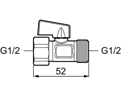 Schematisk ritning av vinkelventil med G1/2-tumsanslutning och 52 millimeters längd