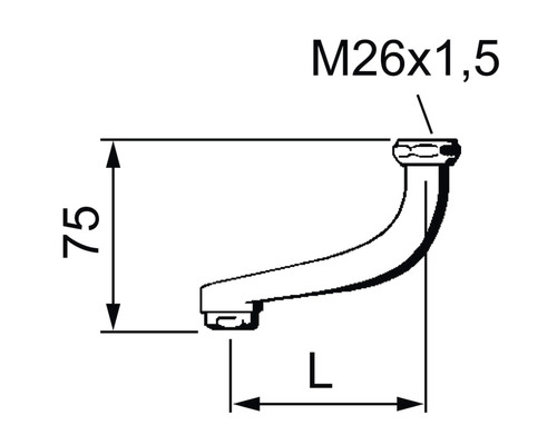 Teknisk ritning av ett väggutlopp med måtten M26x1,5 och en höjd på 75 millimeter.