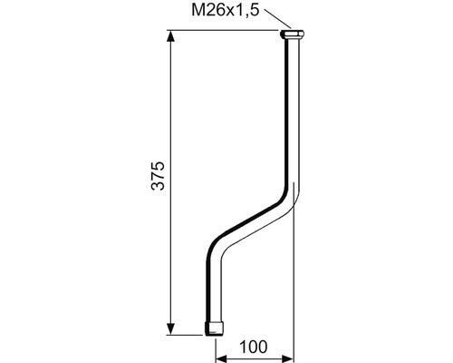 Skiss av en sifonrör med måtten 375 mm och M26x1,5