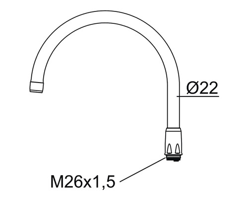 Teknisk ritning av en pip med måtten diameter 22 och M26x1,5
