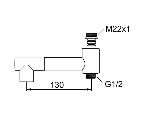 Teknisk ritning av en vinkelventil med måtten M22x1 och G1/2, längd 130 millimeter