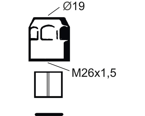 Teknisk ritning av en komponent med måtten diameter 19 och M26x1,5
