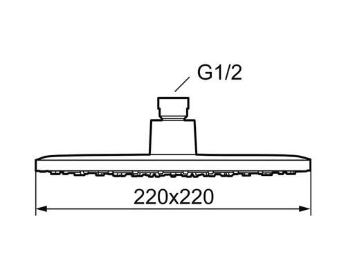 Teknisk ritning av ett duschhuvud med måtten 220 x 220 och en G1/2-anslutning