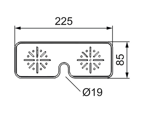 Teknisk ritning av ett lock med måtten 225 x 85 mm och en urtagning med en diameter på 19 mm.
