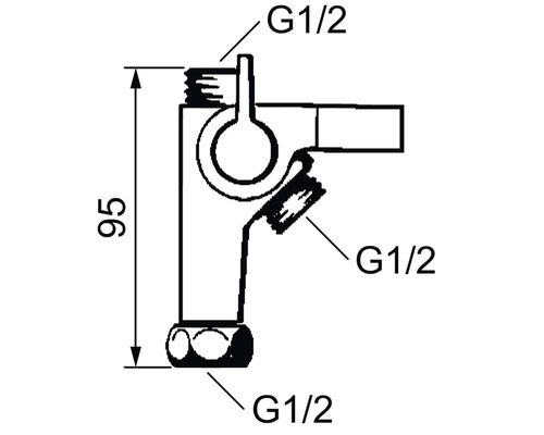 Teknisk ritning av en vinkelregleringsventil med G1/2-tumsanslutningar och en höjd på 95 millimeter.