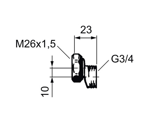 Teknisk ritning av en anslutning med måtten M26x1,5 och G3/4