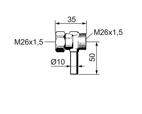 Teknisk ritning av ett T-stycke med gänga och måttangivelser