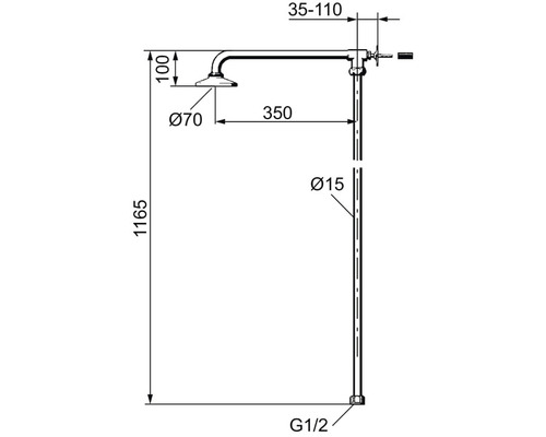 Teknisk ritning av en duschpelare med dimensioner