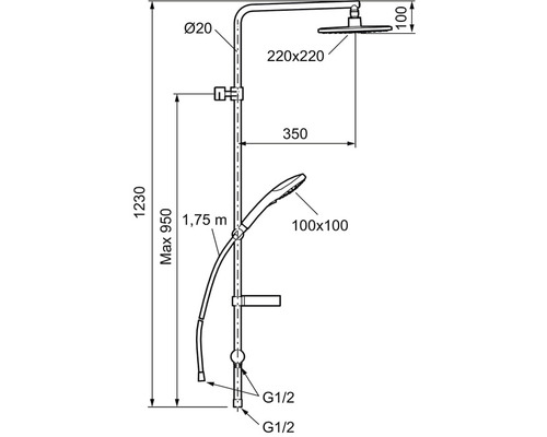 Teknisk ritning av en duschpelare med måttangivelser