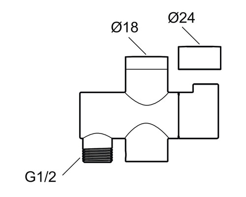 Teknisk ritning av en anslutningsdetalj med diametrarna 18 mm och 24 mm och en G 1/2-tums gänga