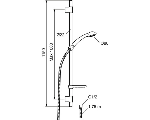 Teknisk ritning av en duschstång med handdusch och tillhörande mått.