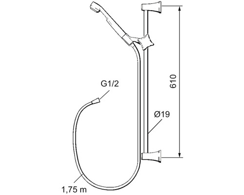 Teknisk ritning av ett duschset med måtten 610 mm höjd, 19 mm diameter och 1,75 m slanglängd.