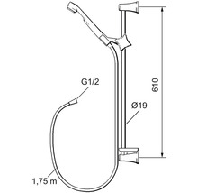 Teknisk ritning av ett duschset med måtten 610 mm höjd, 19 mm diameter och 1,75 m slanglängd