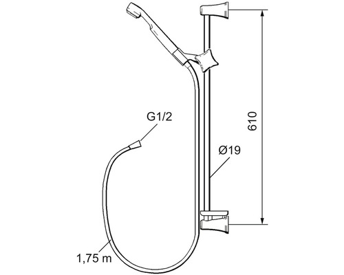 Teknisk ritning av ett duschset med måtten 610 mm höjd, 19 mm diameter och 1,75 m slanglängd