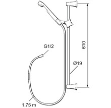 Teknisk ritning av en duschstång med handdusch, slanglängd 1,75 meter, höjd 610 millimeter, stångdiameter 19 millimeter, anslutning G1/2