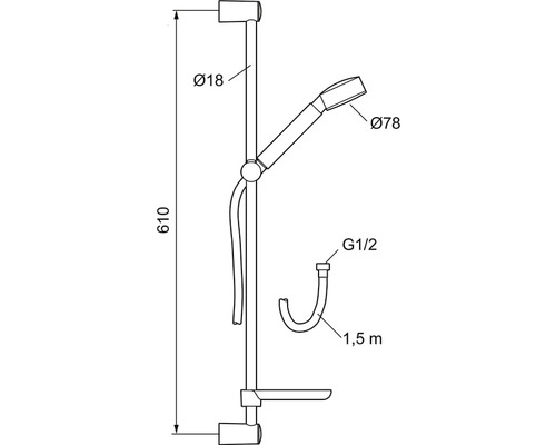 Teknisk ritning av en duschstång med handdusch, 610 mm hög, stångens diameter 18 mm, duschhuvudets diameter 78 mm, anslutning G1/2, slanglängd 1,5 m