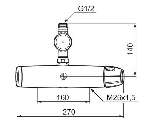 Teknisk ritning av en ventil med måttangivelser