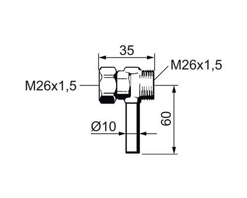 Teknisk ritning av en vinkelventil med måtten M26x1,5 och 10 millimeter i diameter