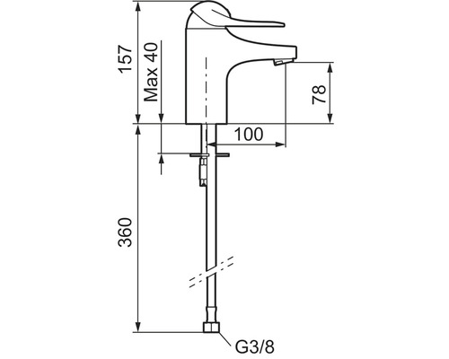 Teknisk ritning av en tvättställsblandare med måttangivelser