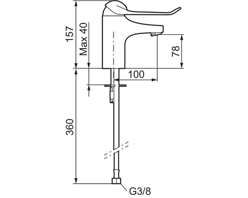 Teknisk ritning av en armatur med måttangivelser