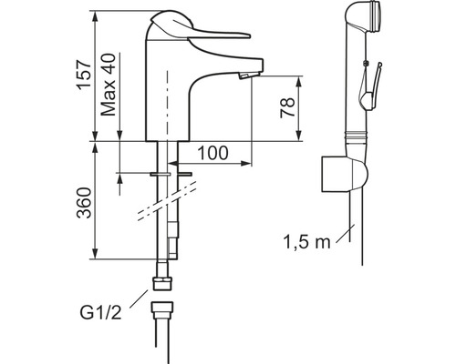 Teknisk ritning av en armatur med duschslang och måttangivelser