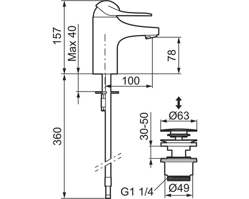 Teknisk ritning av en armatur med måttangivelser