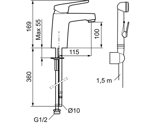 Teknisk ritning av tvättställsblandare med handdusch och måttangivelser.