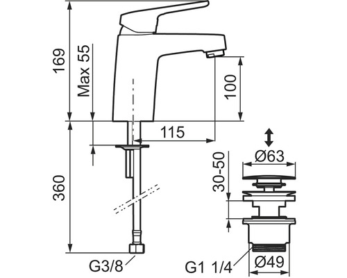 Teknisk ritning av en armatur med mått