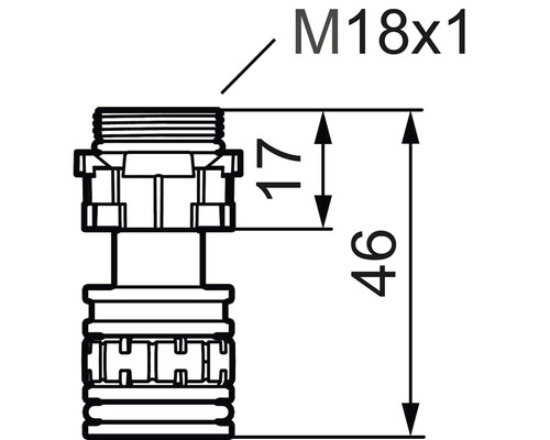 Teknisk ritning av ett anslutningsstycke med måtten M18x1, 17 och 46