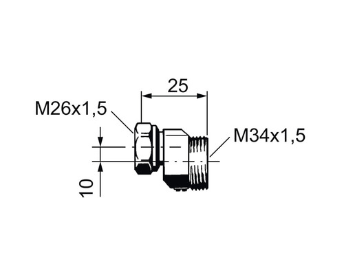 Teknisk ritning av en koppling med måtten M26x1,5 och M34x1,5