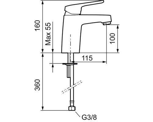 Teknisk ritning av en armatur med måttangivelser