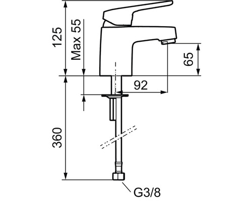 Teknisk ritning av en tvättställsblandare med måttangivelser