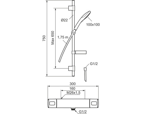 Teknisk ritning av en duschstång med mått.